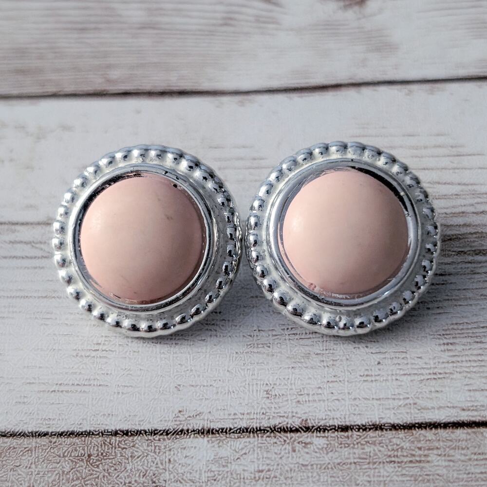 Vintage Clip On Earrings Light Pink Center with Silver Tone Halo